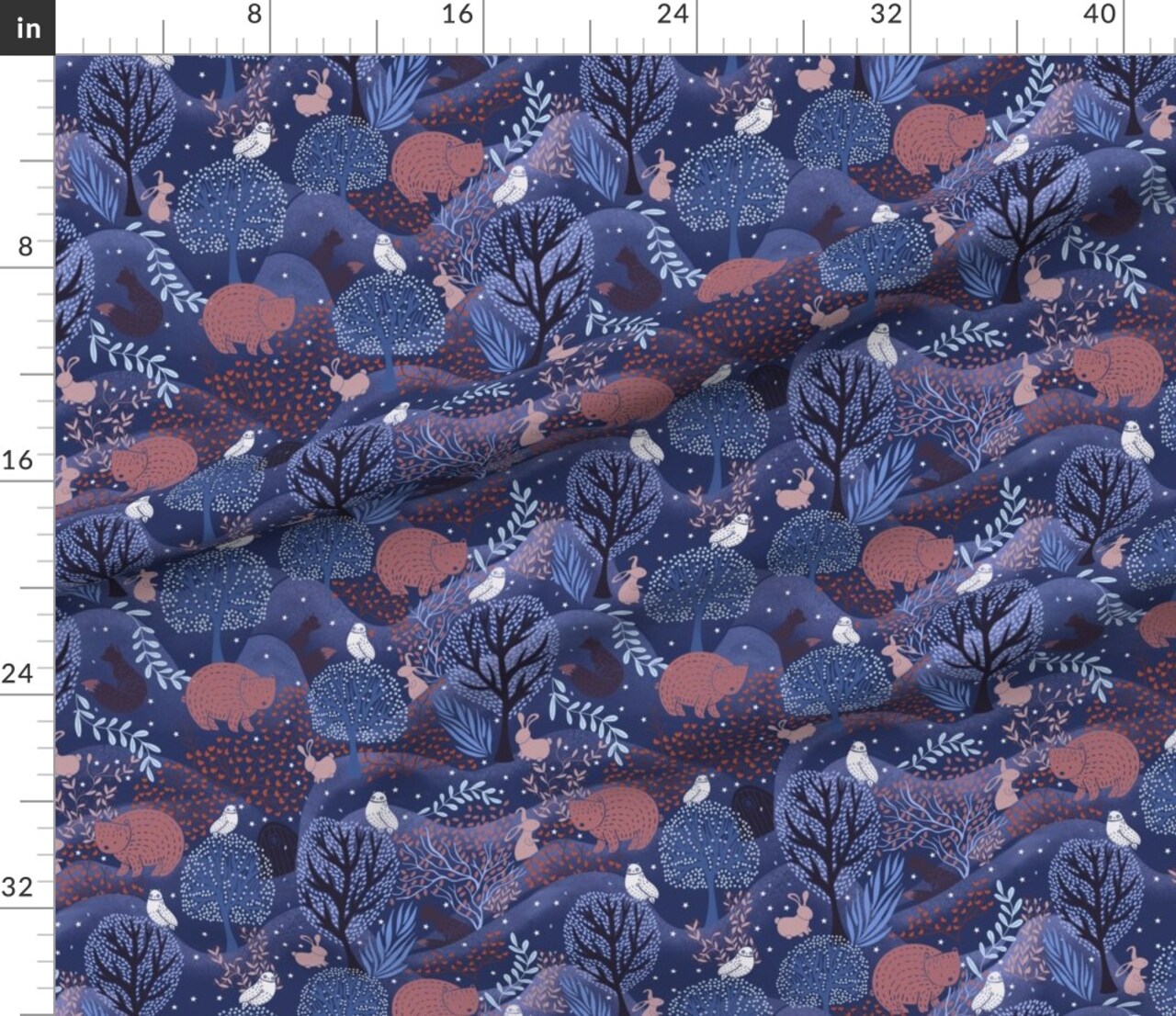Dark Magical Forest Woodland Creatures Wild Animals Blue Pink White Whimsical Night Sky Custom Printed Fabric by Spoonflower Various Fabrics by the Yard or Fat Quarter